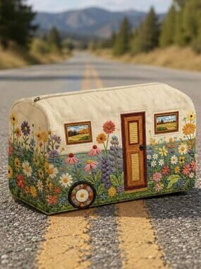 Embroidered Floral Camper Cosmetic Bag - Cream
